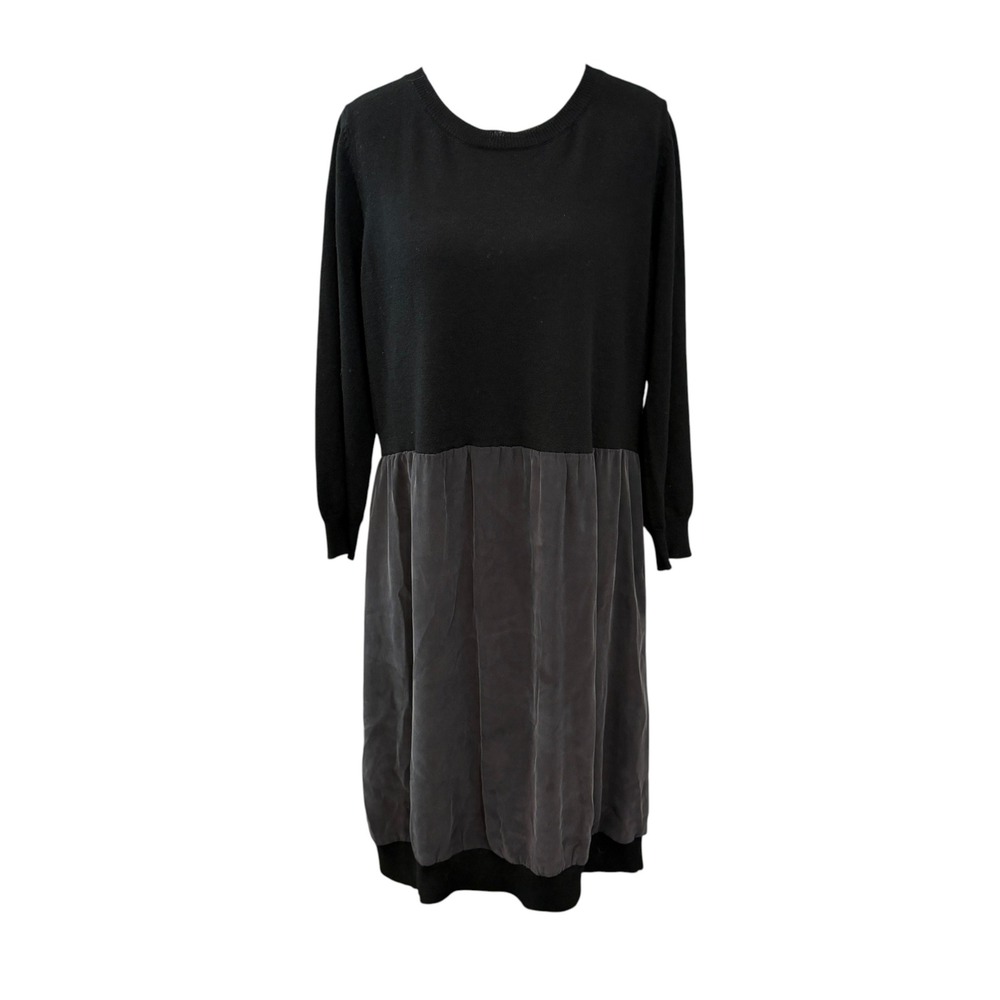 Sundance Mixed Media Dress Size L Black Merino Wool Silk Minimalist Quiet Luxury